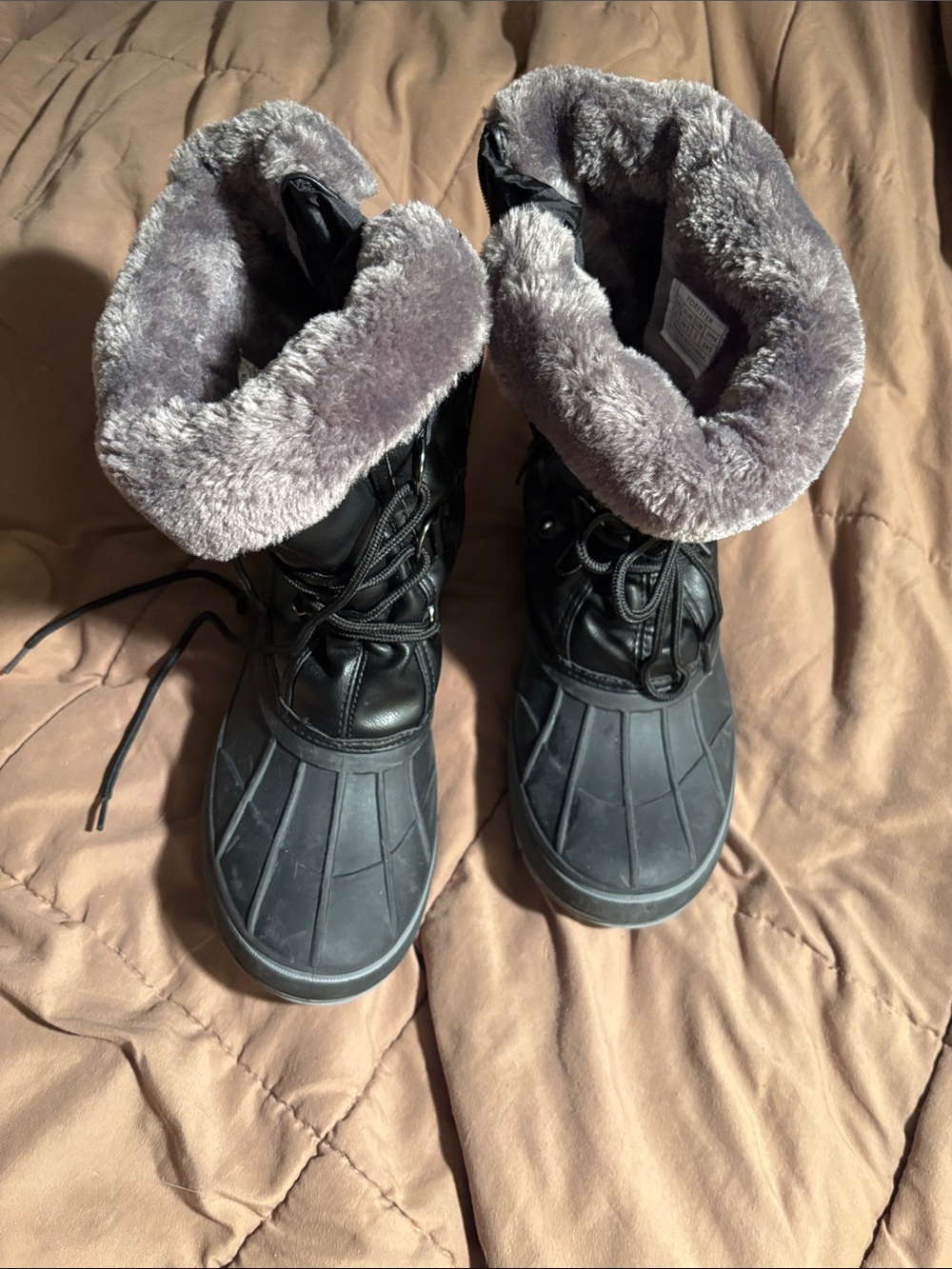 Women's Black Lace-Up Winter Boots with Gray Faux Fur Collar
